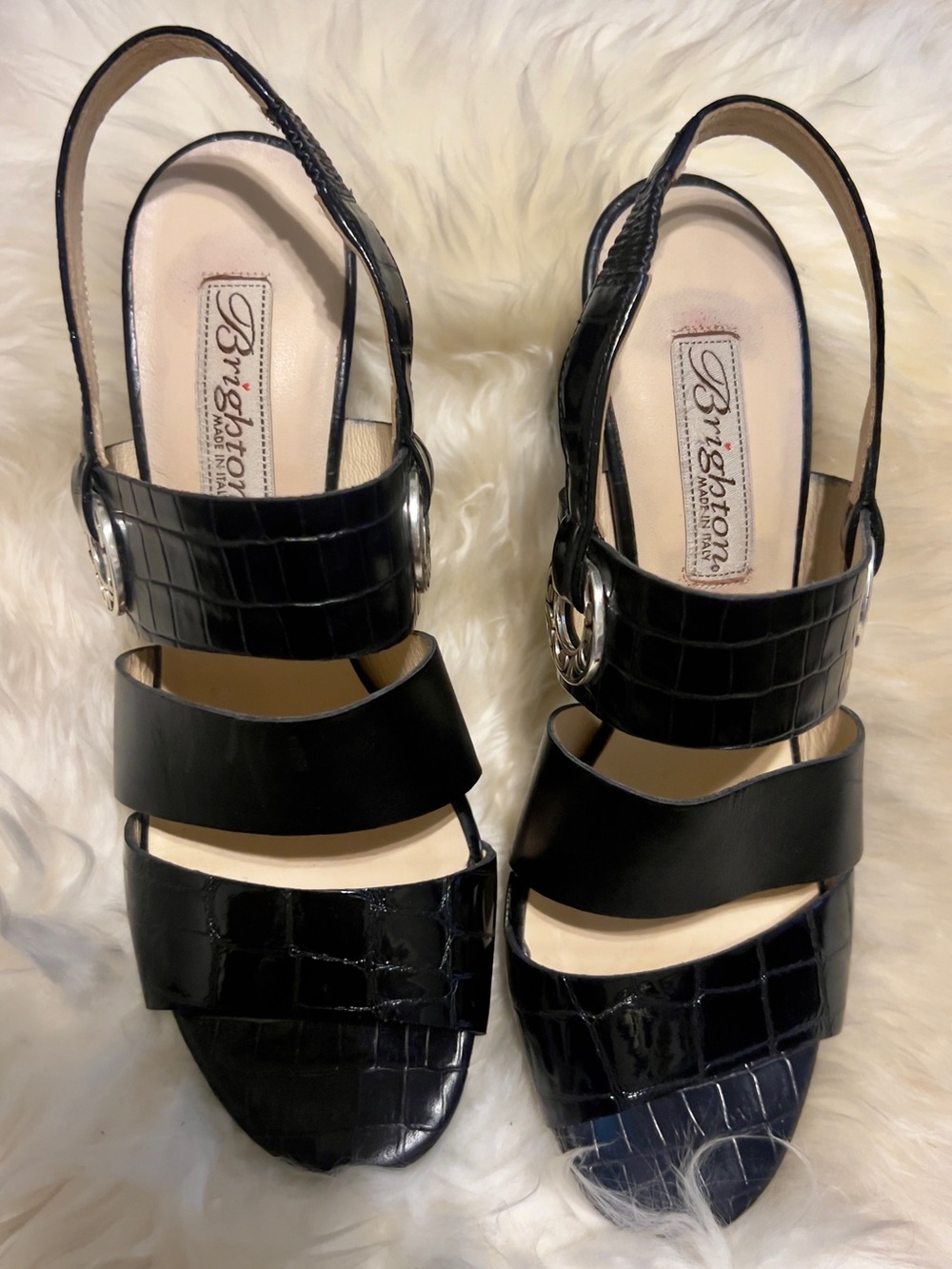 Brighton Villa Black Croc-Embossed Slingback Heels. Size 6.